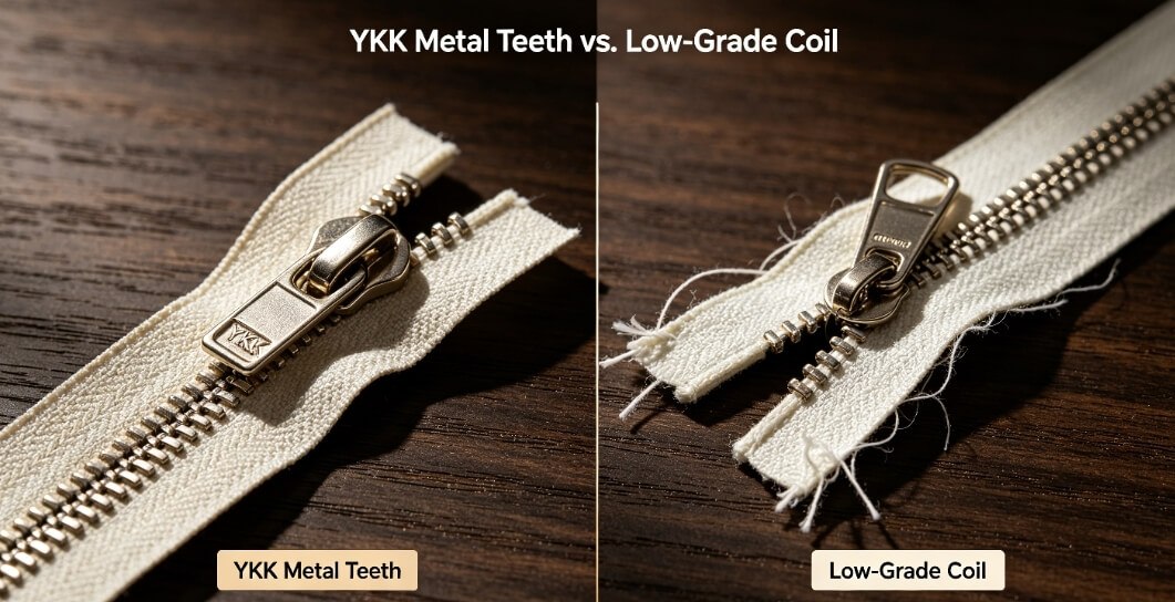canvas bag crossbody zipper hardware comparison, YKK metal teeth vs low‑grade coil zipper