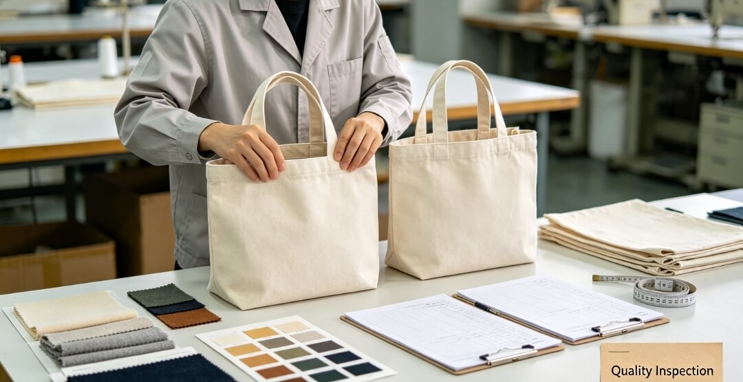 QC worker compares new tote batch with master sample for quality inspection.