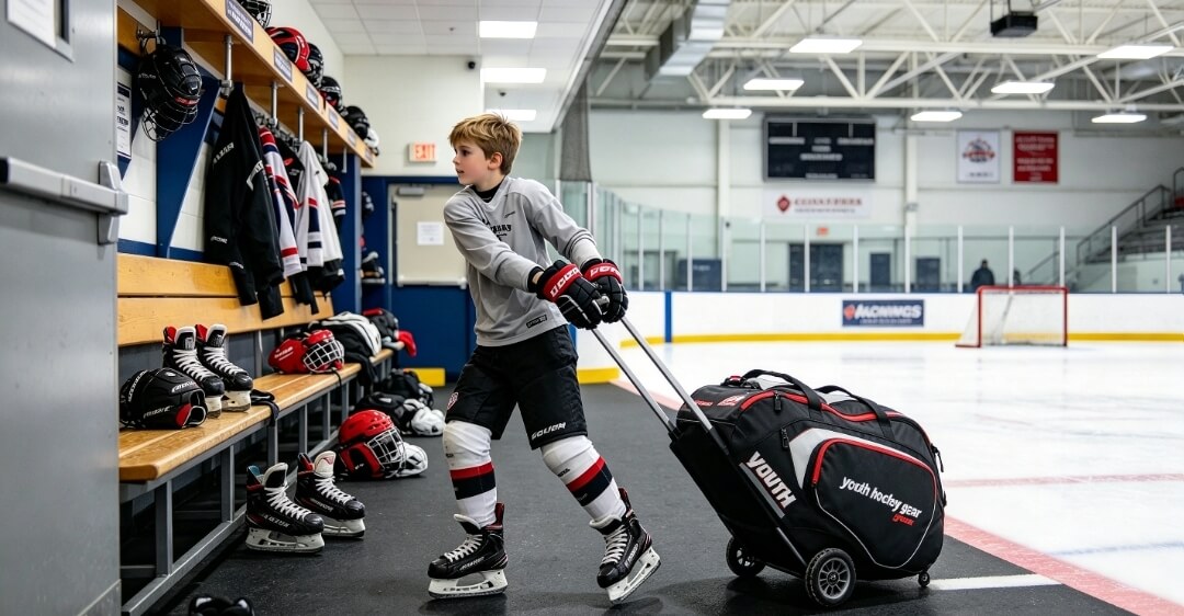 hockey bag teenager pulls wheeled youth hockey bag at ice rink locker room