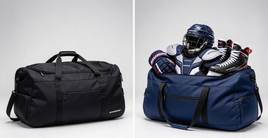 hockey bags side by side empty and fully packed hockey bag comparison