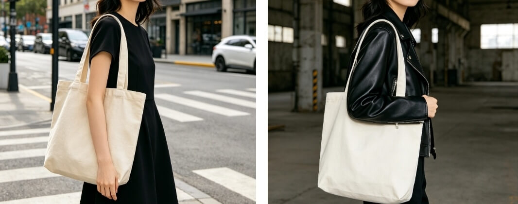 canvas large tote bag split image, black dress and leather jacket matching large canvas tote bag, fashion contrast styling