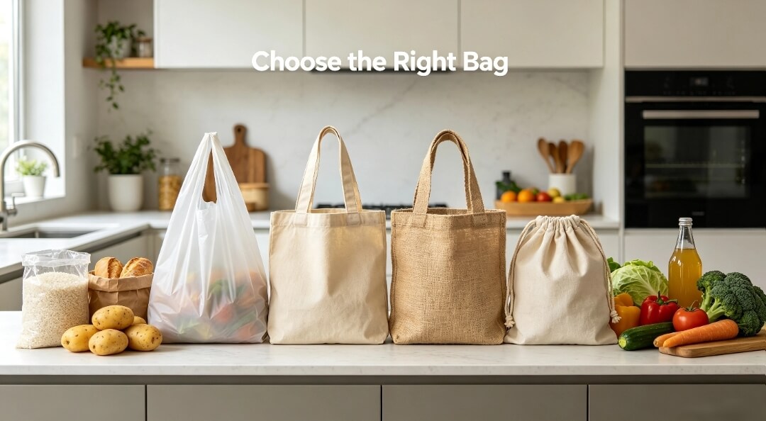 Reusable shopper bag variety display for grocery shopping