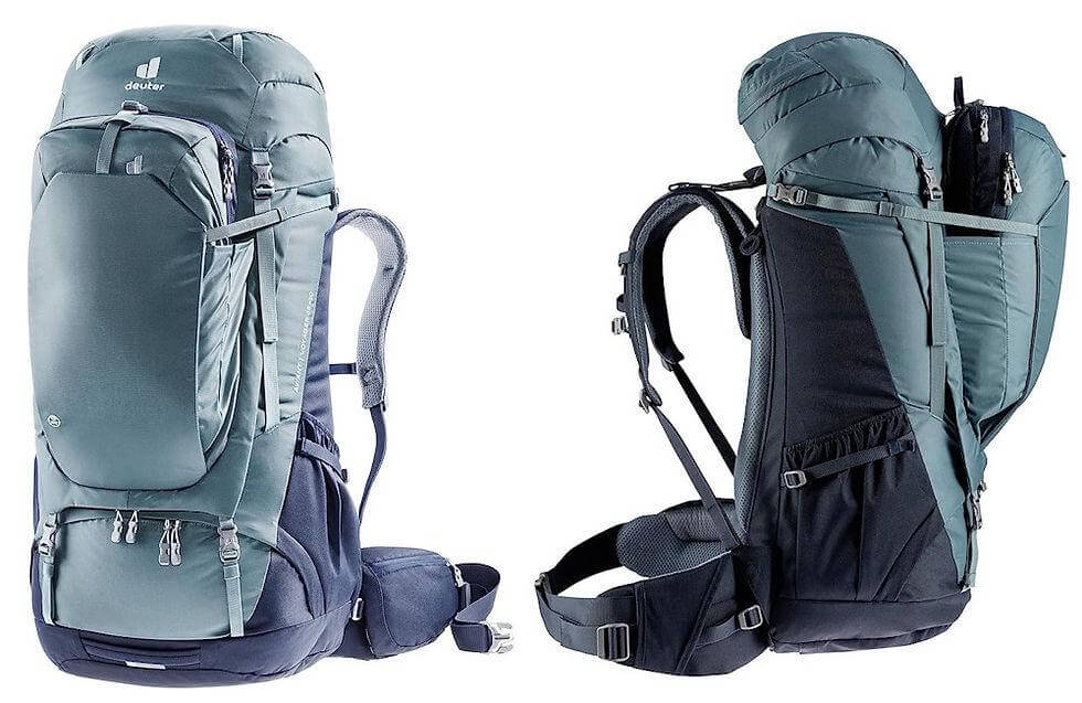 Explore different backpacking sizes by comparing a framed hiking backpack with a streamlined travel backpack designed for air travel.