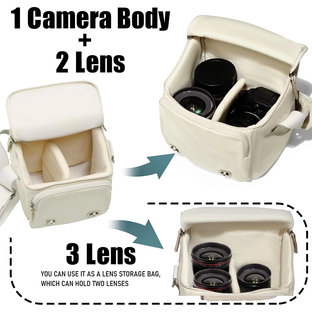 Compact camera bag is using as a daily messenger bag, with double metal zippers for quick camera access.