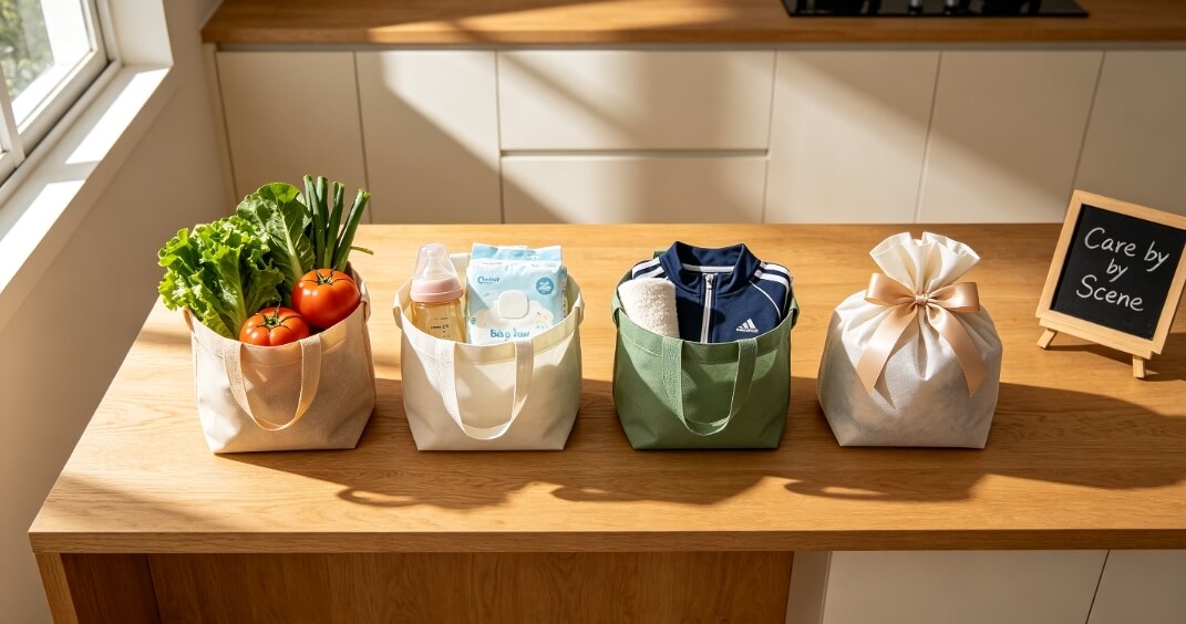 non woven bags multi‑scene hero image, reusable non woven bags for grocery baby sport gift