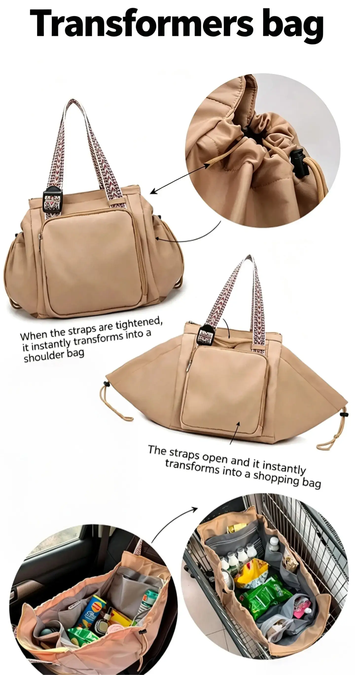 The demonstration showed how a khaki bag could instantly transform from a compact tote bag into a large shopping basket by releasing the side straps.