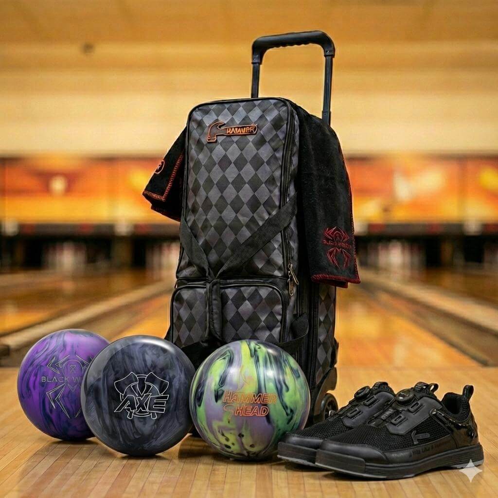Bowling balls, shoes, and a bowling bag arranged neatly beside the lanes.