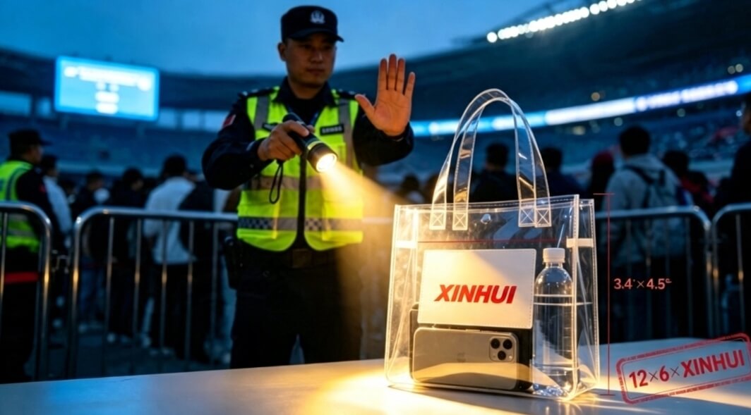 clear pvc tote bag rejected at stadium security, oversized logo violates NFL clear bag policy