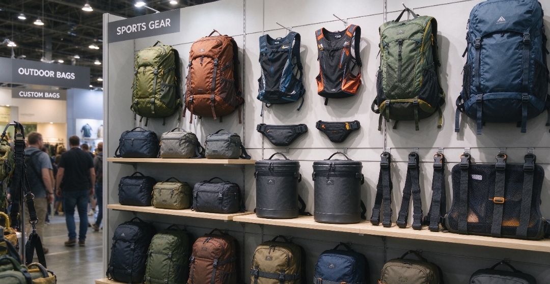 Trade‑show booth displays a variety of sport bag collections showcasing professional outdoor and sports gear.