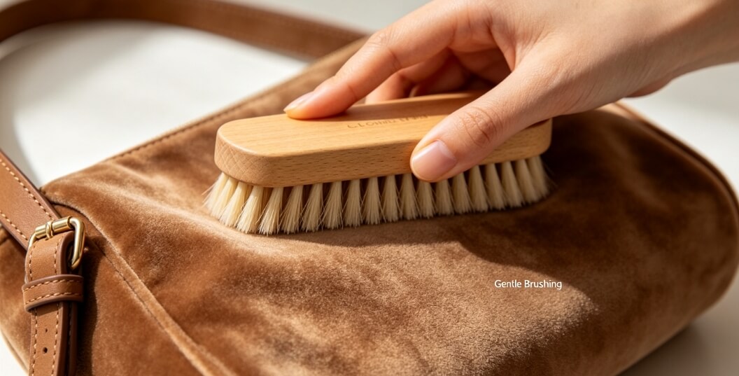 Dry dust removal for velvet bag, gentle brushing operation close‑up