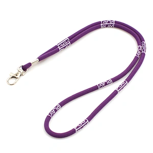 Fashionable narrow size good quality cheap round cord woven fabric purple lanyards promo with keyring