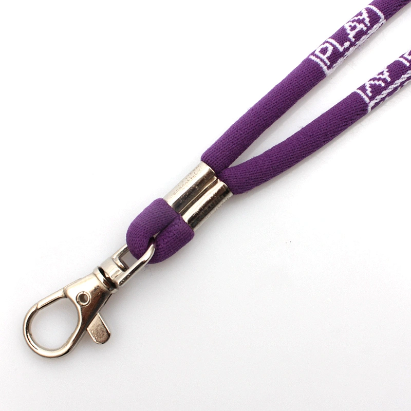 Fashionable narrow size good quality cheap round cord woven fabric purple lanyards promo with keyring