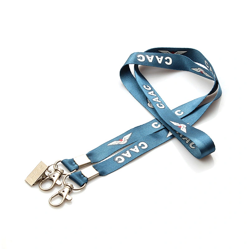 Wholesale exhibition polyester silk screen lanyard with double metal clips