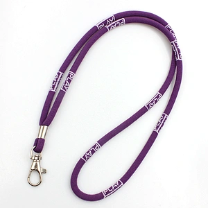 Fashionable narrow size good quality cheap round cord woven fabric purple lanyards promo with keyring