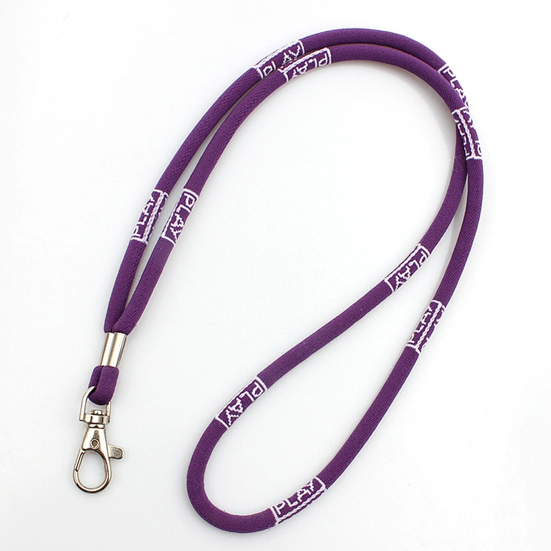 Fashionable narrow size good quality cheap round cord woven fabric purple lanyards promo with keyring