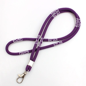 Fashionable narrow size good quality cheap round cord woven fabric purple lanyards promo with keyring