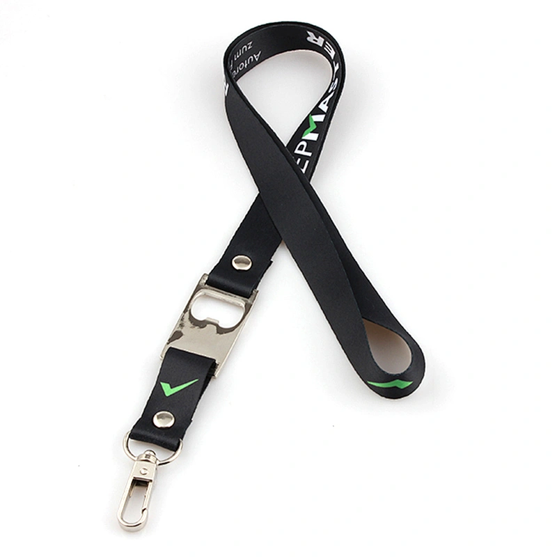 Popular Heat Transfer Printed Soft black neck Lanyard with Bottle Opener