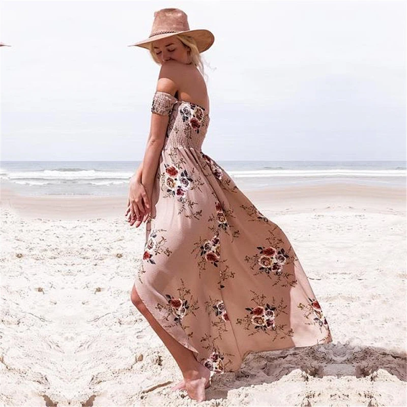 Summer Newest A word shoulder Sexy Beach Open Fork Flower Print Maxi Long Dress