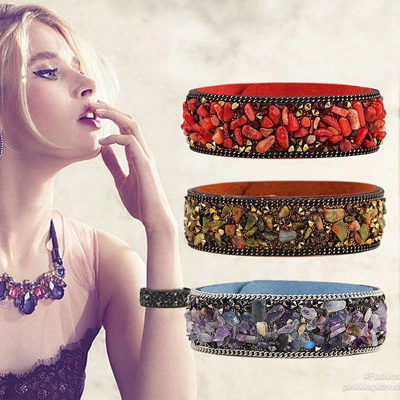 Hot Selling Velvet Cuff Wristband Gravel Elegant Natural Crystal Women Bracelet With Snap Fastener