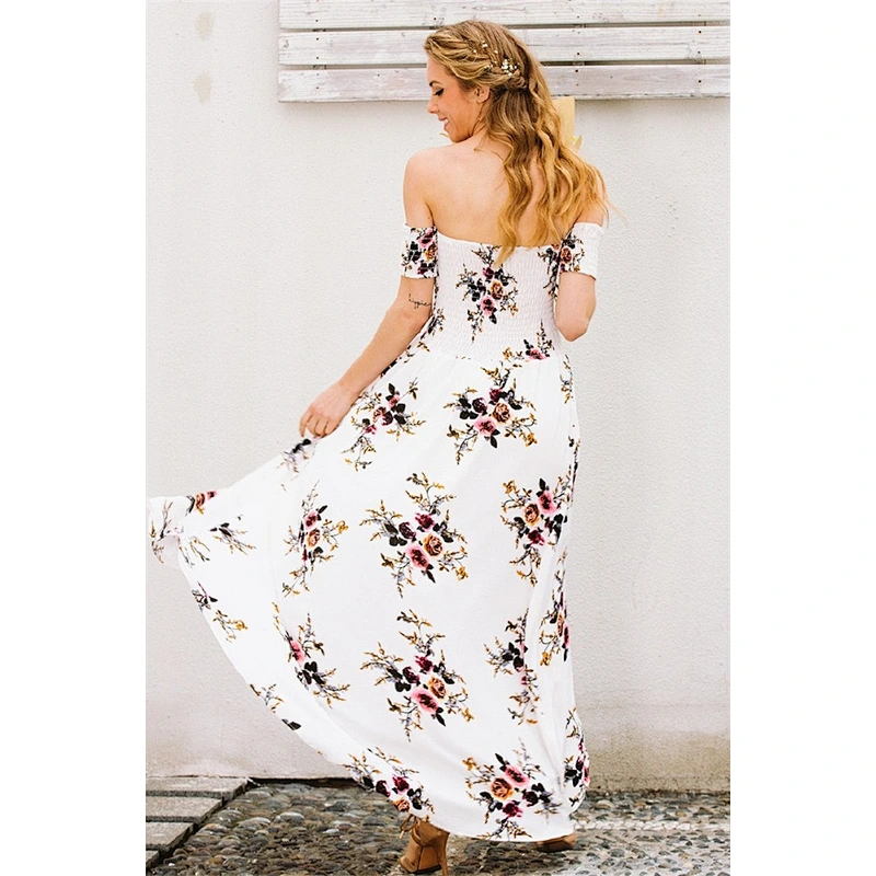 Summer Newest A word shoulder Sexy Beach Open Fork Flower Print Maxi Long Dress