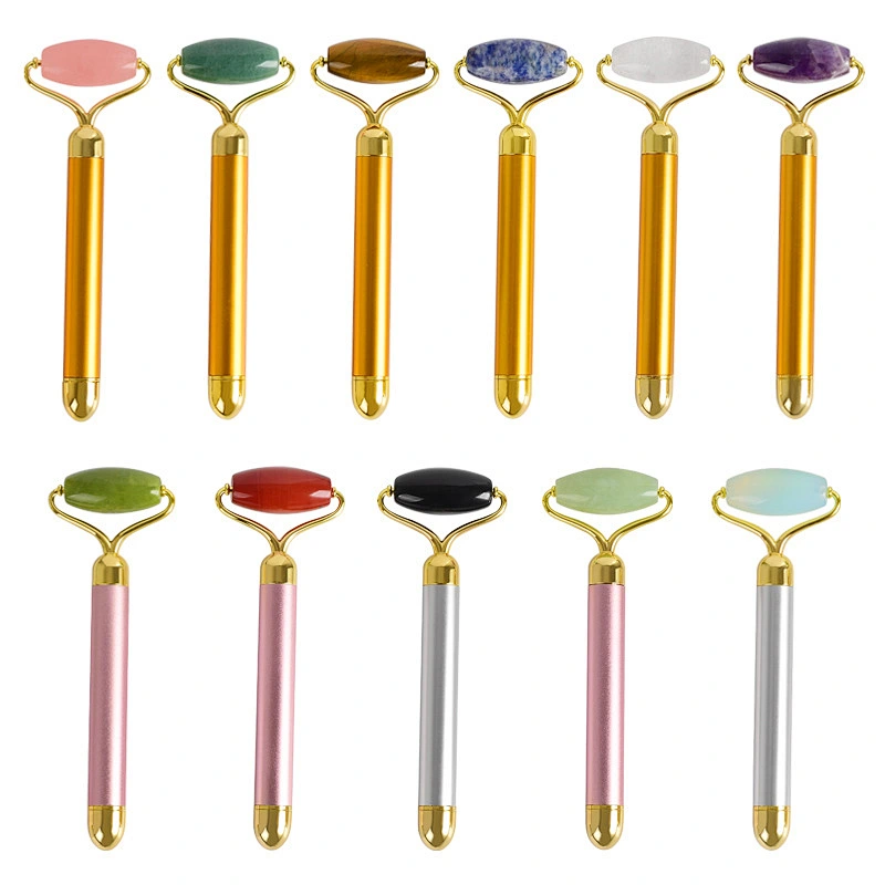 Mini Electric Battery Powered Metal Handle Quartz Jade Roller Facial Massager Stick