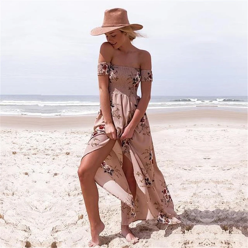 Summer Newest A word shoulder Sexy Beach Open Fork Flower Print Maxi Long Dress