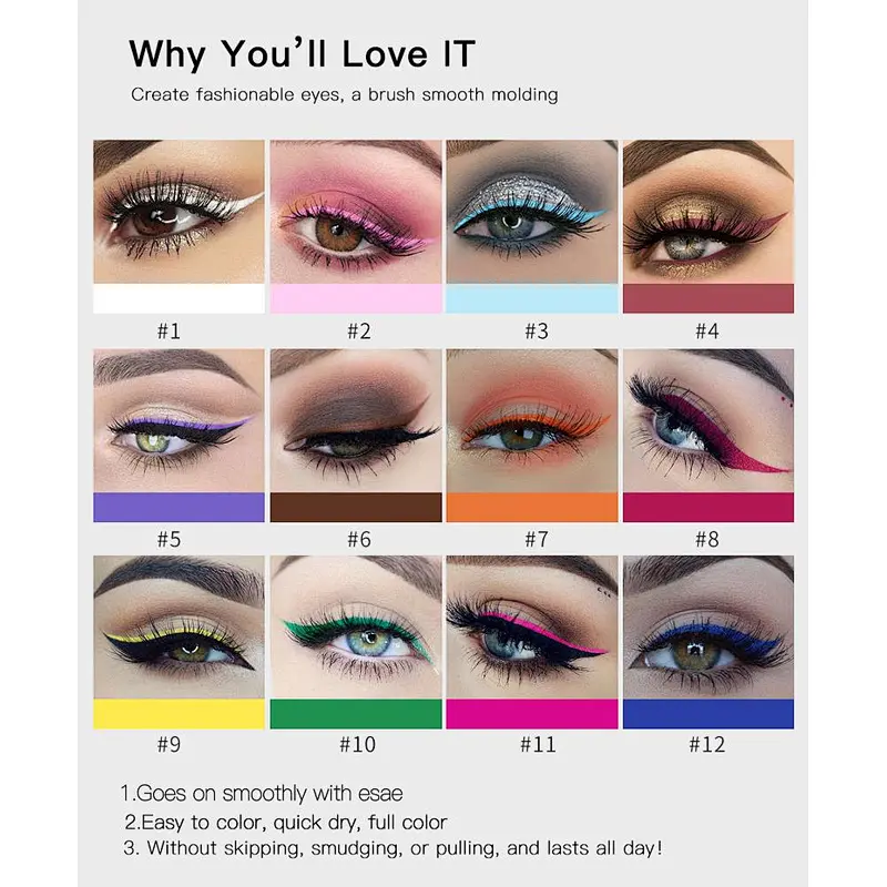 12  multi-color longwear waterproof makeup rainbow matte liquid eyeliner