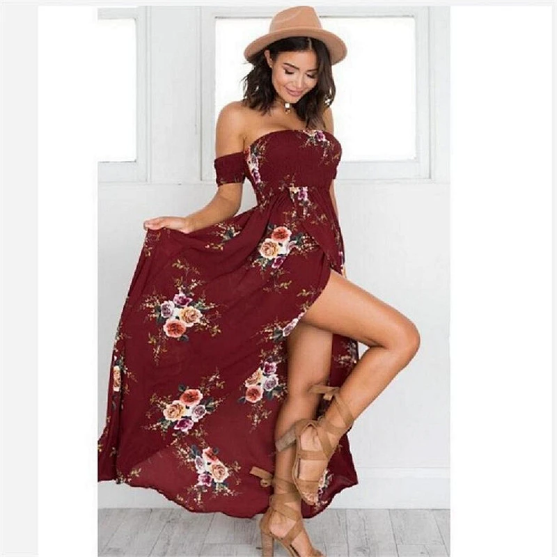 Summer Newest A word shoulder Sexy Beach Open Fork Flower Print Maxi Long Dress