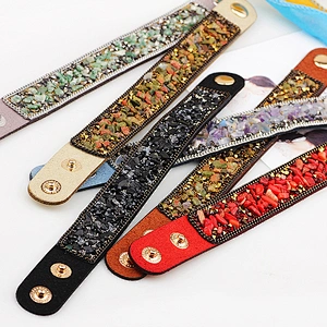Hot Selling Velvet Cuff Wristband Gravel Elegant Natural Crystal Women Bracelet With Snap Fastener