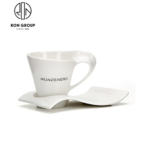 Unique Waving Shape White Custom Ceramic Coffee Cup And Saucer