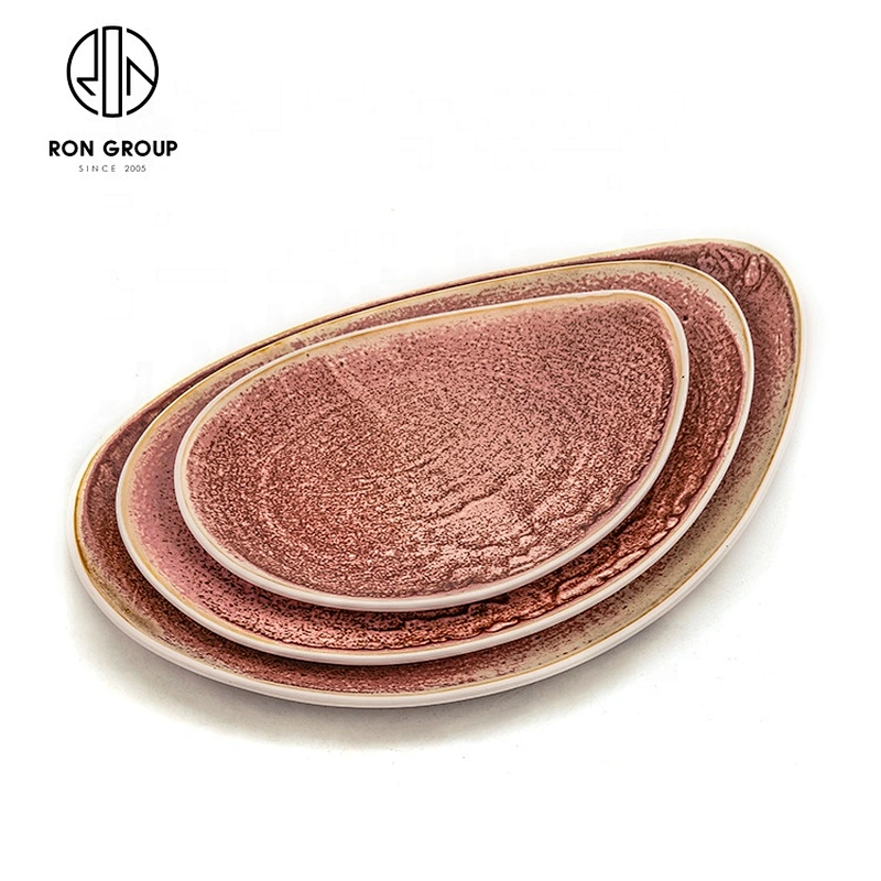 Different Size Restaurant Fambe Pink Rhythm Ceramic Mango Shape Plate