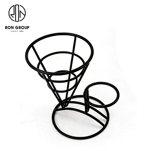Matte Black Single Cup Conical Frame French Fry Wire Baskets With Sauce Bowl
