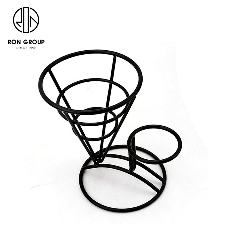 Matte Black Single Cup Conical Frame French Fry Wire Baskets With Sauce Bowl