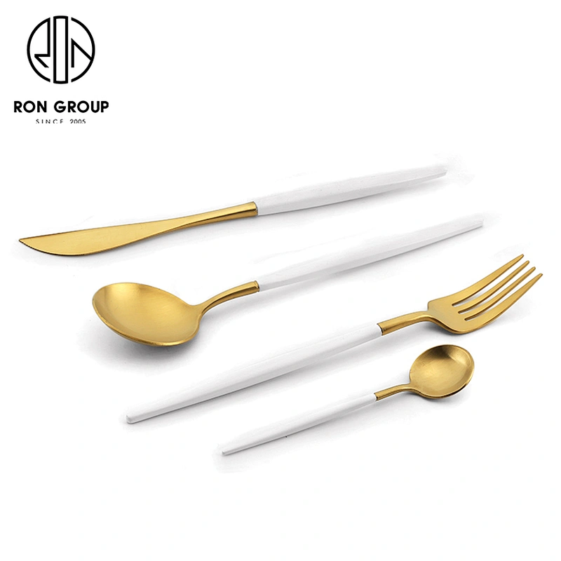 Wholesale Gold Color With White Handle Stainless Steel Cutlery Flatware Set