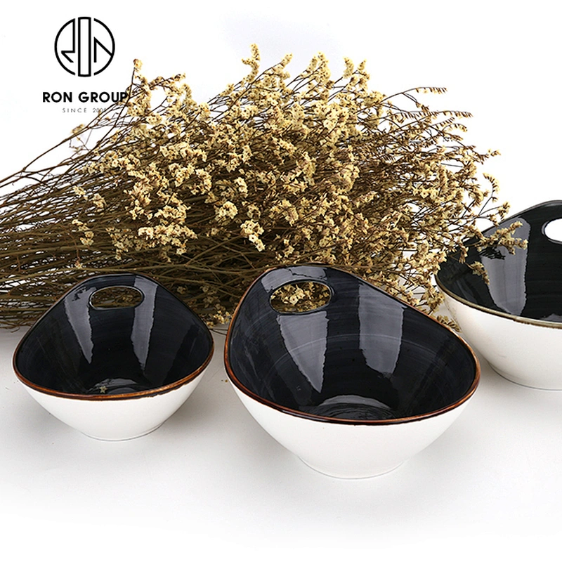 Western Custom Black Ceramic Dinnerceramic Oval Bowls With Hole Handle