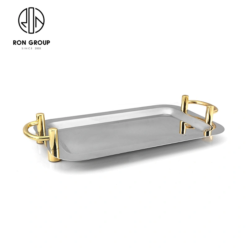 Hotel Stainless Steel Metal Mirror Square Food Tray Plate With Handle