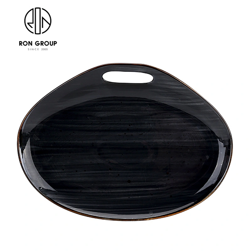 Western-Style Restaurant Dinner Black Ceramic Steak Dish With Single Hole