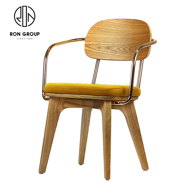 Classic Solid Wood Restaurant Dining Coffee Shop Chair With Gold Arms
