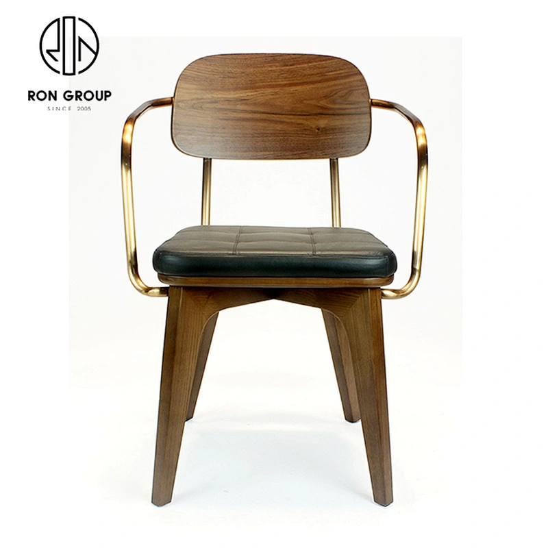 Classic Solid Wood Restaurant Dining Coffee Shop Chair With Gold Arms