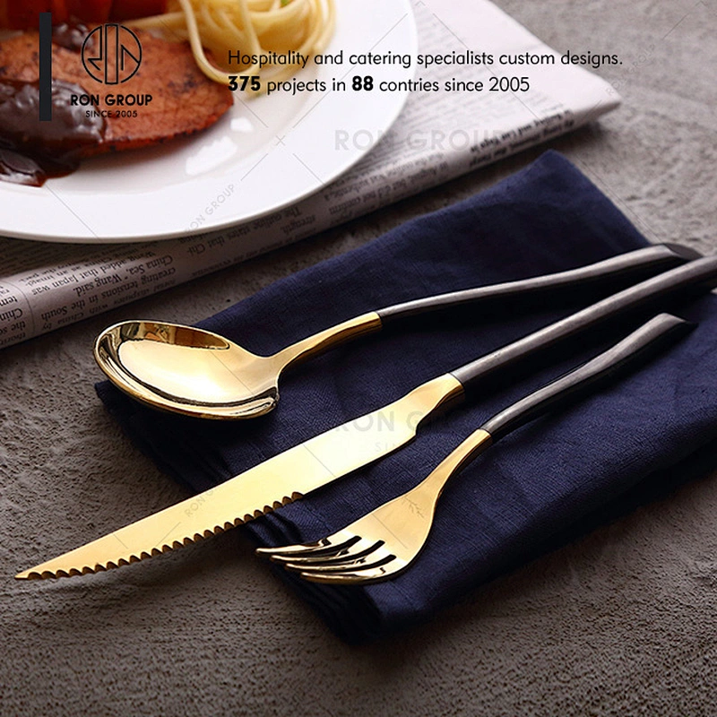 Restaurant Custom Gold Cutlery With Black Handle