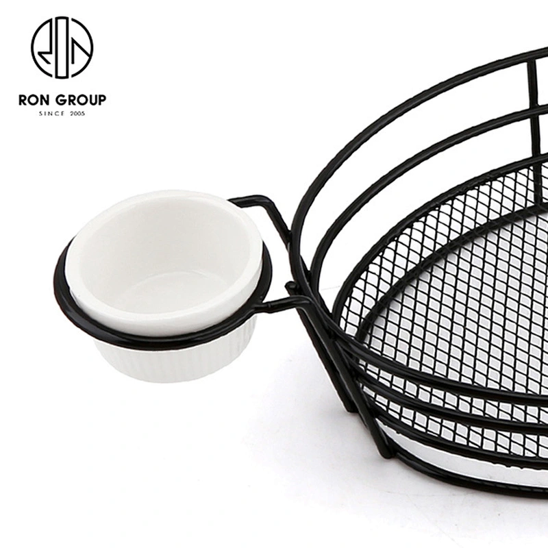Wire Iron Egg-Shape Black Bread Basket With Double Sauce Bowl