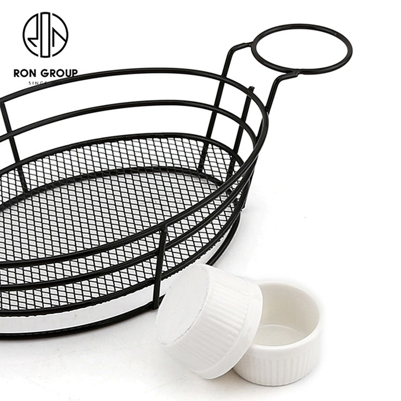 Wire Iron Egg-Shape Black Bread Basket With Double Sauce Bowl