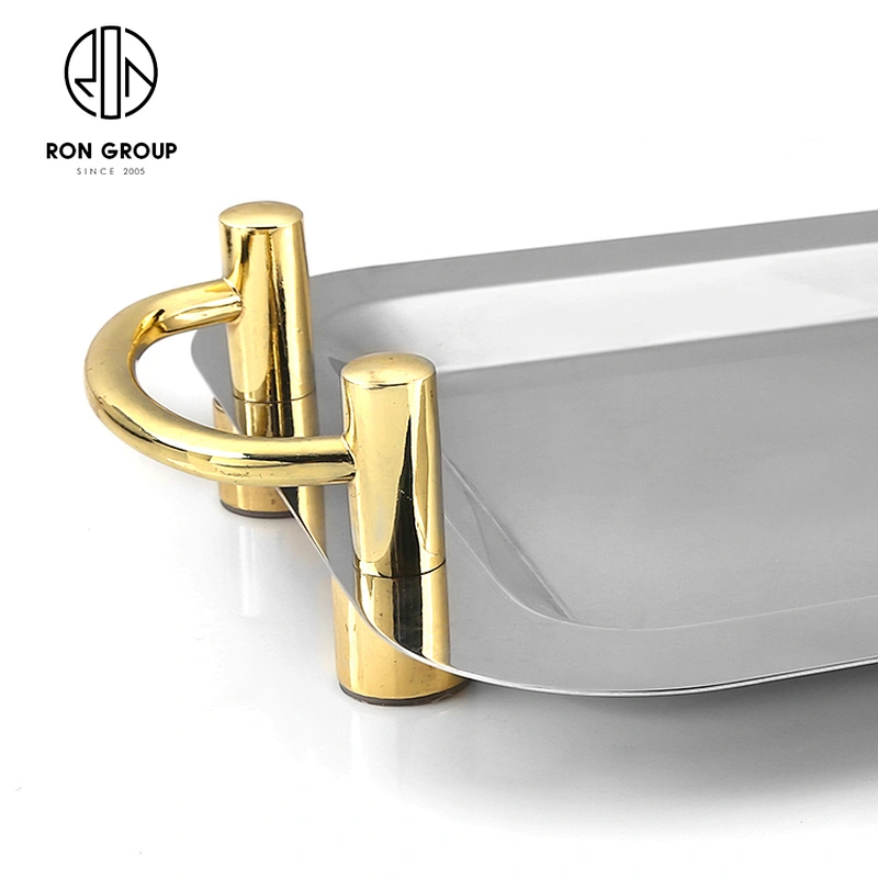 Hotel Stainless Steel Metal Mirror Square Food Tray Plate With Handle