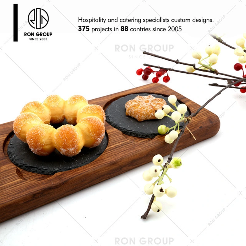 Wholesale Restaurant Black Slate Food Serving Plate With Wooden Rim