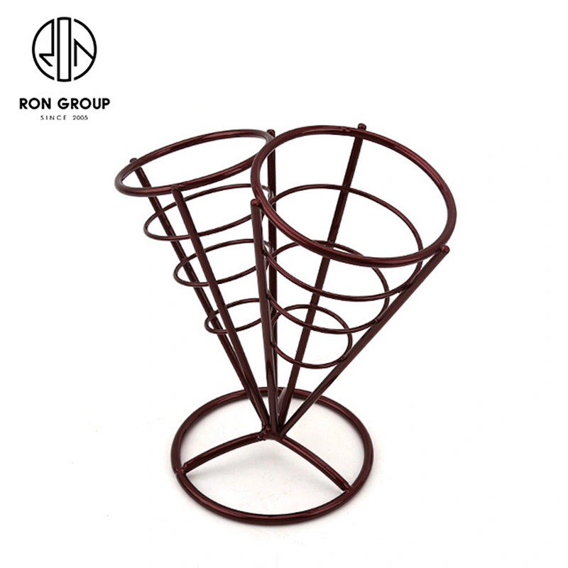 Promotional Red Double Metal Wire Iron Fry Finger Chips Cone Holder Stand