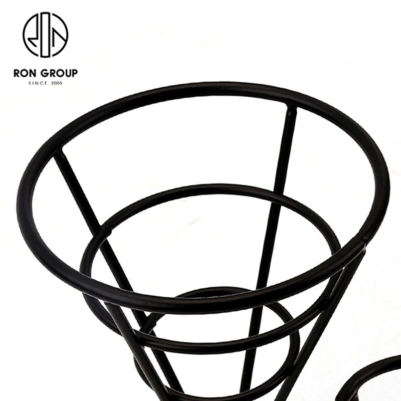 Matte Black Single Cup Conical Frame French Fry Wire Baskets With Sauce Bowl