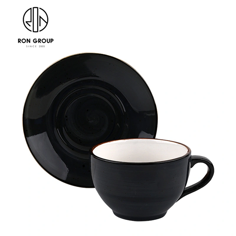 Western Classic Black Ceramic Coffee Cups Saucer Set For High End Restaurant