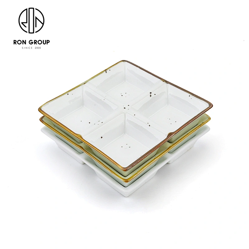 Wholesale Price Porcelain Tableware 4 Compartment Dish Snack Soy Sauce Plate