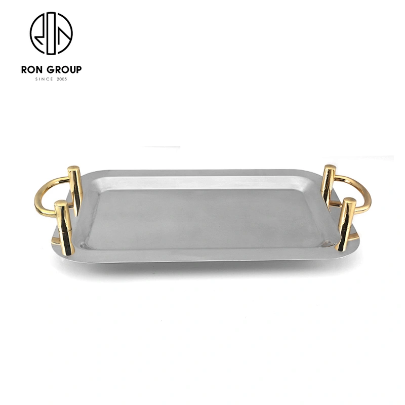 Hotel Stainless Steel Metal Mirror Square Food Tray Plate With Handle