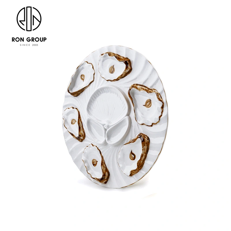 Wholesale 6 Wells Custom Ceramic White Oyster Plate For Restaurant Hotel